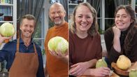 Bildkollage av två fotografier. Det ena fotot föreställer två män som håller varsin vitkål. Det andra fotot föreställer två kvinnor med kålrötter.