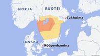 Kartta esittää Ruotsin eteläisiä alueita sekä myrskyvaroitusaluetta.