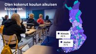 Kuvassa oppilaita luokassa ja kartta, johon on merkitty Kinnula 46 % ja Joutsa 45 %. Otsikkona "Olen kokenut koulun aikuisen kiusaavan".