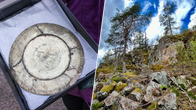 En collagebild med ett silverfat och ett stenparti i en skog.
