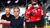 Collage på Yle Sportens Walter Kronqvist och Mattias Simonsen tillsammans med firande schweiziska hockeyspelare.