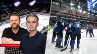 Collage på Yle Sportens Walter Kronqvist och Mattias Simonsen tillsammans med firande finländska hockeyspelare.