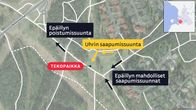 Karttakuva epäillyn ja uhrin todennäköisistä liikkeistä tapahtumapaikalla.