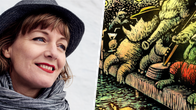 En kvinna med hatt och halsduk står utomhus bredvid en illustration av figurer som sitter på en brygga vid vatten.