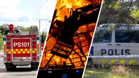 Kolme kuvaa. Paloauto, tulipalo ja poliisiauto. 