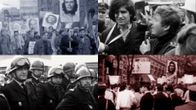 Kollaasi opiskelijamielenosoituksista Saksassa, Ranskassa ja Italiassa vuonna 1968: kulkueissa kannetaan Che Guevaran kuvaa, Daniel Cohn-Bendit puhuu mikrofoniin, ranskalaisia mellakkapoliiseja.