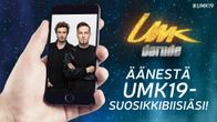 Kännykän ruutu missä näkymä Darudeen ja Sebastian Rejmaniin, kannuste äänestämään suosikkibiisiäsi UMK19:ssä