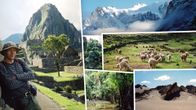 Toimittaja Jukka Kuosmanen Etelä-Amerikassa erilaisissa maisemissa: Machu piccu vuorella, lumihuippuisilla vuorilla, viidakossa ja aavikolla.