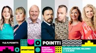 Pointti-tapahtumagrafiikkakehyksessä rivissä: Emma Karasjoki, Eeva Vekki, Kalle Palander, Ander Helenius, Mikko Kekäläinen, Piia Pasanen ja Susanna Laine.