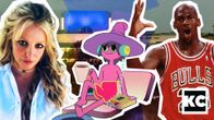 Kollaasi, jossa Britney Spears, Midnight Gospel -sarjan hahmo ja Michael Jordan.