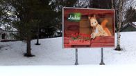 Talvisella tienvarrella Laihian kunnan tienvarsikyltti, jossa oravamaskotti ja Laihian kunnan logo