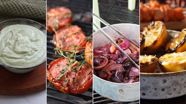 Ett bildkollage av olika smårätter: en grön örtsås, grilade tomater, rostad rödlök och grillade citroner.
