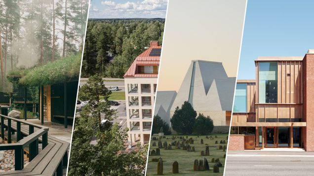 Kasvikattoinen sauna, kerrostalo, kolmion mallinen suuri rakennus ja ruskea palikkamainen rakennus, jossa on suuret ikkunat. 