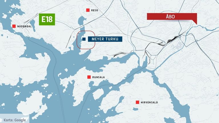 En karta över Åbo som visar att Meyer Turku-området ligger nästan rakt västerut från Åbo centrum.