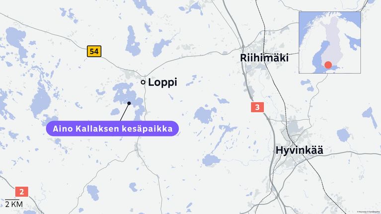 Karttagrafiikka mihin merkitty Aino Kallaksen kesäpaikka Lopella. 