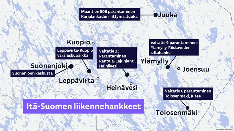Kartalla Itä-Suomen liikennehankkeet.