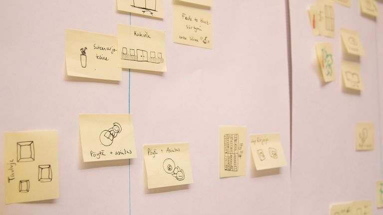 Salakapakka-pelin suunnittelua post it -lapuilla