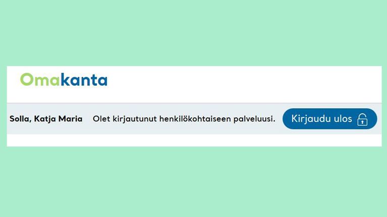 Kuvakaappaus omakanta.fi-sivulta: Kirjaudu-ulos painike löytyy oman nimen läheltä.