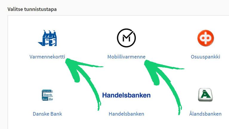 Kuvakaappaus suomi.fi-palvelun tunnistautumissivulta: Vaihtoehtoina pankkitunnusten lisäksi Varmennekorttii tai Mobiilivarmenne.