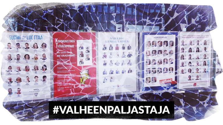 Valokuva vaalijulisteista, päällä rikkoutuneen lasin efekti.