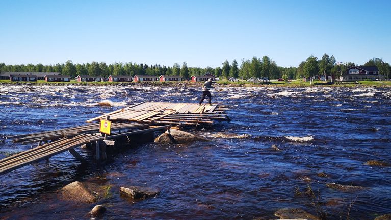 Mies lippoaa Kukkolankoskella Tornionjoella.