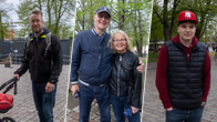 ett kollage med fyra personer syns utomhus på en stenbelagd gång, varav en håller i en barnvagn och två står tillsammans bredvid varandra. och en står ensam.