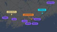 Kartta, jossa on merkitty Länsirata Turusta Helsinkiin, Lentorata Pasilasta Keravalle ja Itärata Helsingistä Kouvolaan.