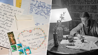 Ett fotocollage med högar med brev och kuvert adresserade till Tove Jansson samt Tove Jansson som sitter vid ett bord med papper och pennor.
