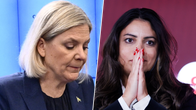 Bildkollage på Magdalena Andersson och Nooshi Dadgostar, båda bilderna i närbild. Andersson ser snett nerår, Dadgostar håller handflatorna mot varandra framför munnen.