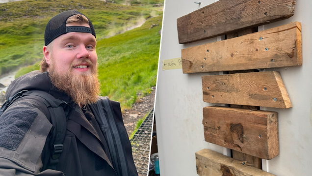 Kaksiosaisessa kuvassa mies hymyilee kameralle ja oven ikkuna on peitettu paksuilla laudoilla.