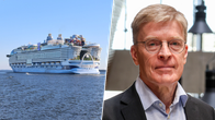 Ett bildkollage på ett stort kryssningsfartyg på ena sidan och en person med glasögon på den andra sidan.