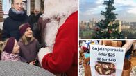 Kolmen kuvan kombo jossa joulupukki ja hymyileviä lapsia, joulukuusi Nairobissa ja kyltti jossa karjalanpiirakoiden hinta on 40 dollaria 12 kappaletta.