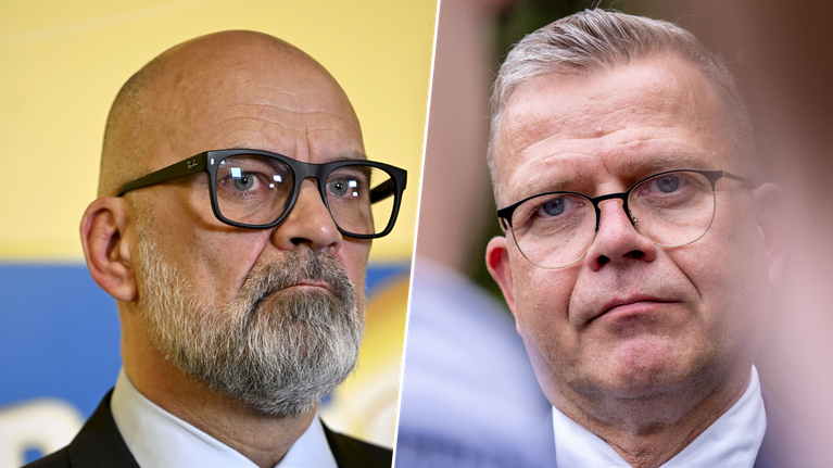 Bildkollage på Mauri peltokangas och Petteri Orpo, båda i närbild och med allvarlig uppsyn.