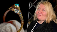 Bildkollage med en ljushårig kvinna som tittar in i kameran och en guldring med en turkos sten.
