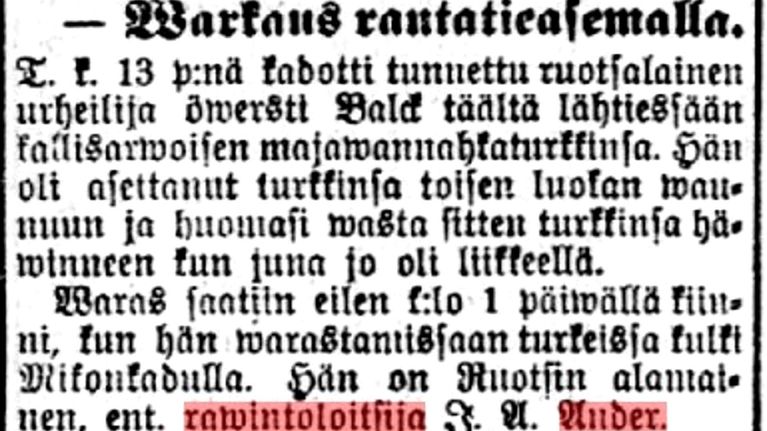 Notis i Suometar 19.3.1907 om Alfred Anders stöld av en päls.