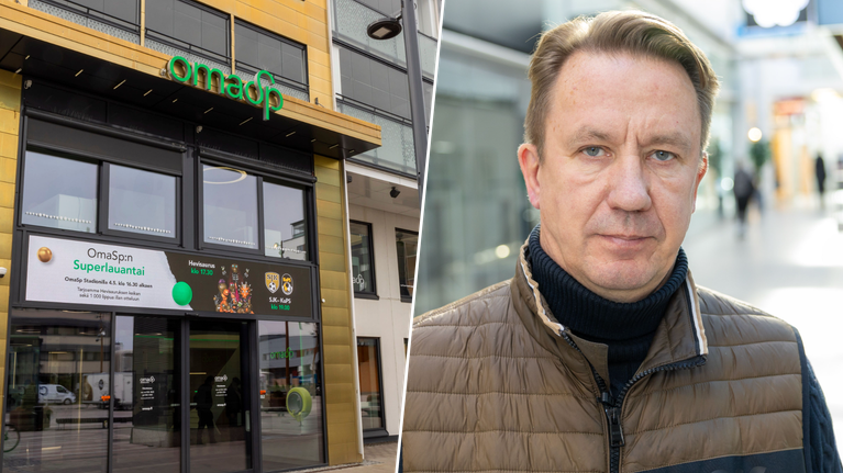 Oma Säästöpankin konttori Seinäjoen keskustassa vasemmalla, oikealla kiinteistösijoittaja Raimo Sarajärvi. 