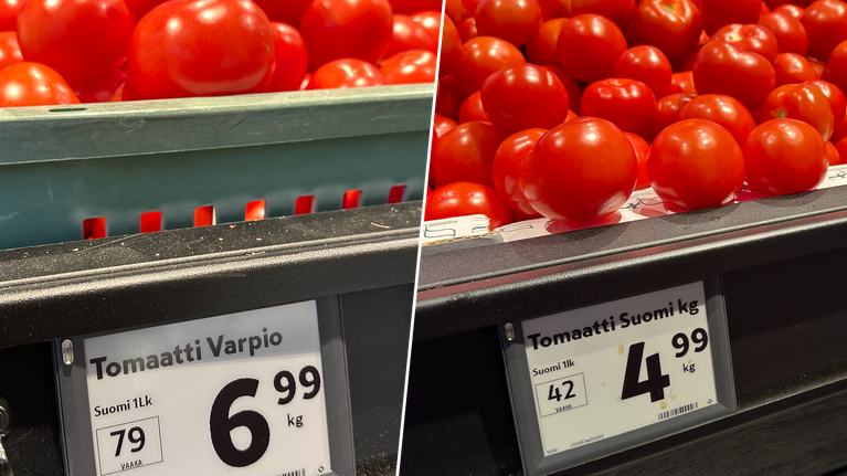 Tomaattien hintoja kaupassa.