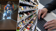Ett bildkollage för att illustrera olika branscher: industrin, butiksbranschen och IT-branschen.
