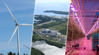 Ett bildkollage med tre bilder. Till vänster en bild av ett vindkraftverk, i mitten en flygbild av ett industriområde och till höger en bild inifrån ett växthus.