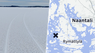 Jaettu kuva, jossa toisella puolella talvinen maisema, jossa on renkaanjäljet jäällä. Toisella puolella merkitty karttaan paikka Rymättylän länsipuolella.