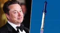 Ett kollage med Elon Musk till vänster och en rymdraket som avtecknar sig mot himlen till höger.