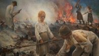 Eero Järnefeltin maalaus Raatajat rahanalaiset 1800-luvun lopulta., yksityiskohta. 