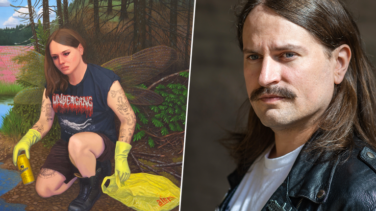 Porträttfoto på en person med långt hår och mustasch i skinnjacka, samt målning av en kvinna som städar vid en sjö med gula handskar, gul plastpåse och ölburk; hennes t-shirt har texten "UNDERGANG".