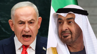 Ett kollage med Benjamin Netanyahu till vänster och en man med arabisk huvudduk till höger.