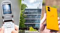 Vasemmalla kädessä pidetään vanhaa Nokia-kännykkää, keskellä näkyy Salo IoT Campus -rakennus ja oikealla kädessä oranssi Jolla-puhelin.