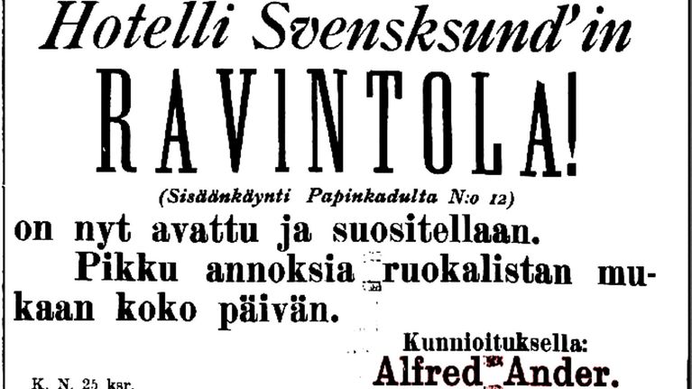 Alfred Anders annons för restaurang Svensksund i Kotkan Sanomat 7.10.1902