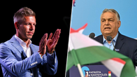 Ett kollage på två män i var sin halvnärbild. Bilderna föreställer Peter Magyar och Viktor Orban.