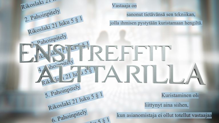 Ensitreffit alttarilla-logokuva, jossa rikostutkintamateriaalista leikattuja tekstejä.