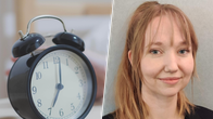 Ett bildkollage på en väckarklocka på ena sidan och en kvinna på andra sidan.