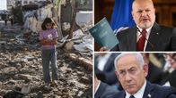 Kuvakollaasi jossa tyttö kävelee Gazan raunioissa, syyttäjä Kamil Khan ja Benjamin Netanjahu.